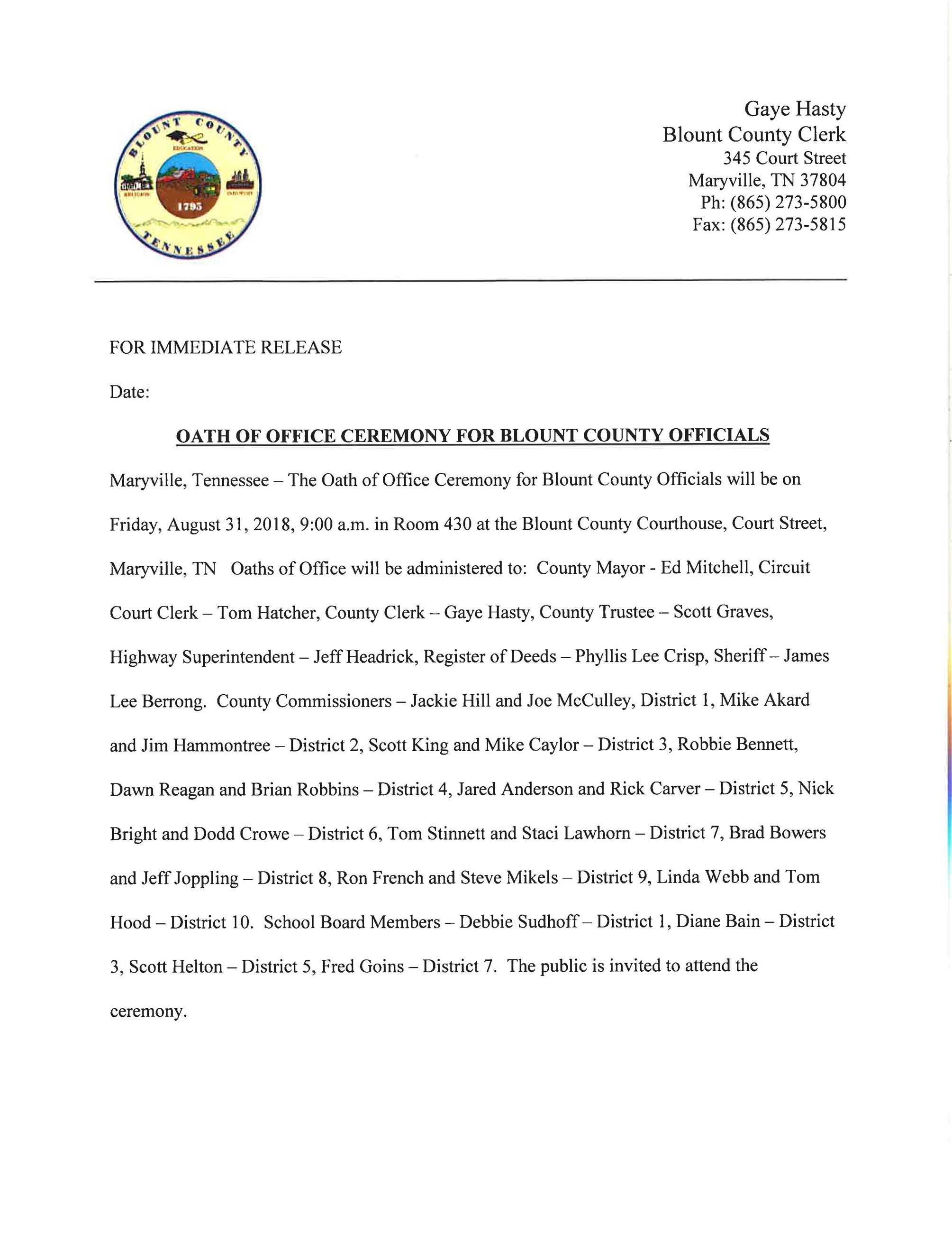 Gaye Hasty-press release oath of office 2018