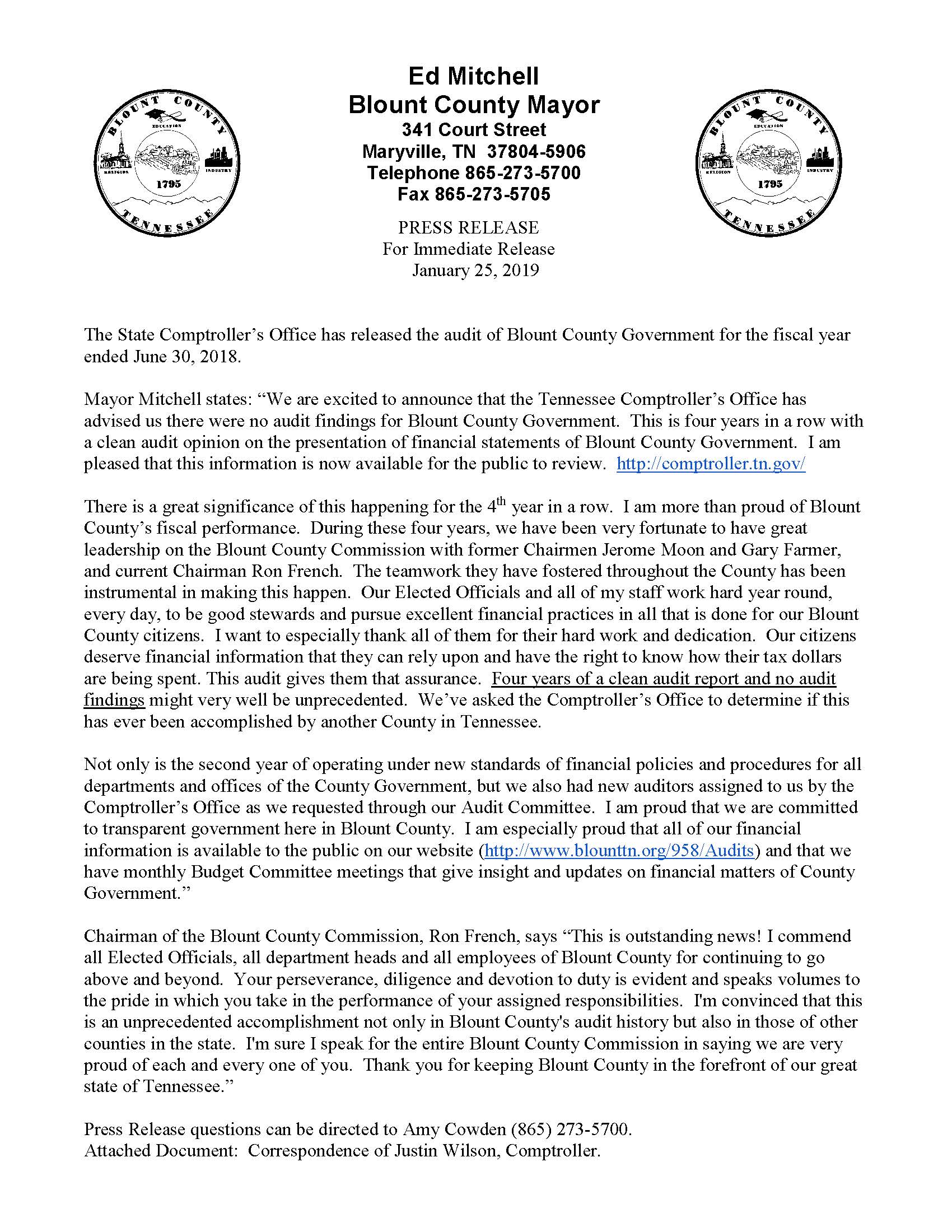 Press Release issued 1-25-19-Audit Report FY 17-18