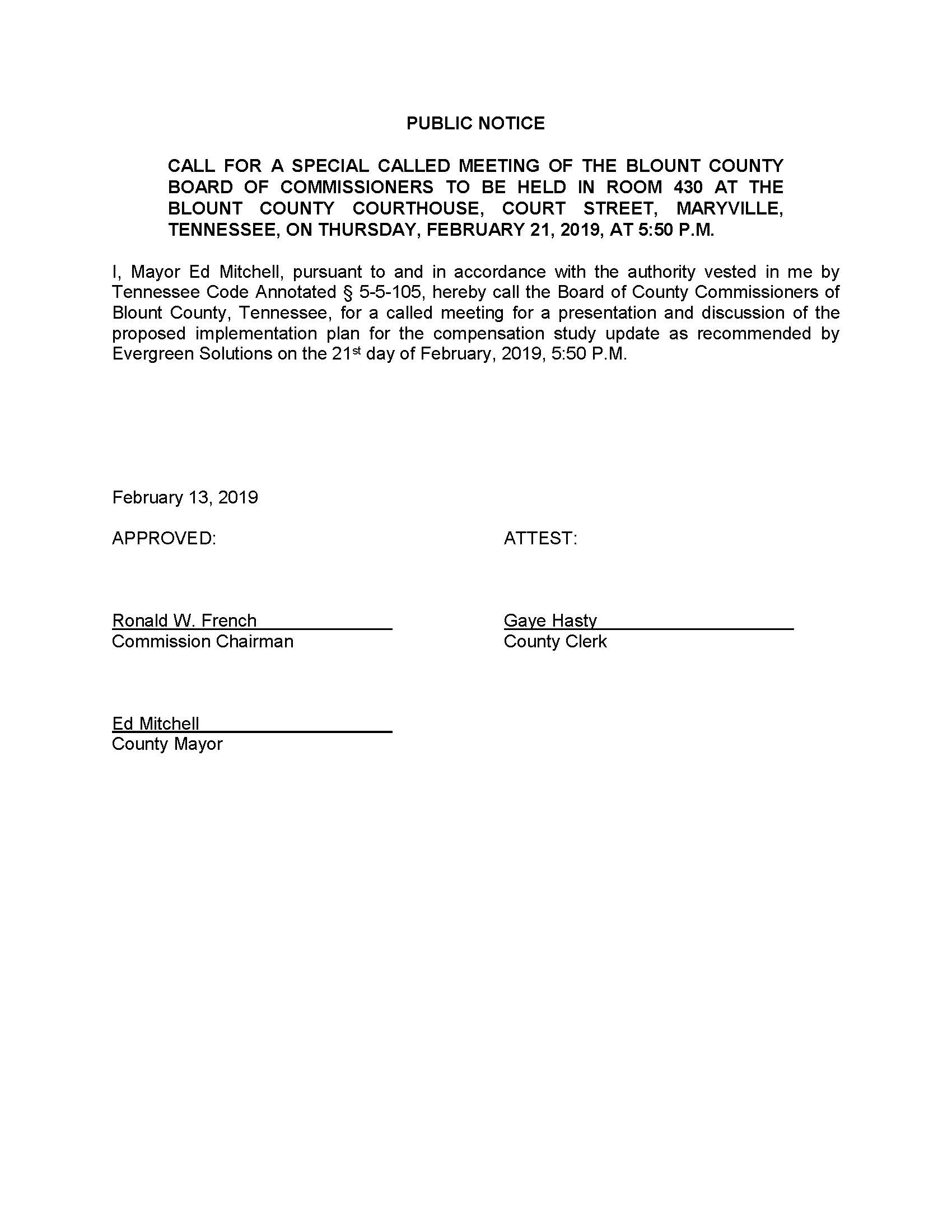 Special Called Meeting 2-21-19 re Evergreen