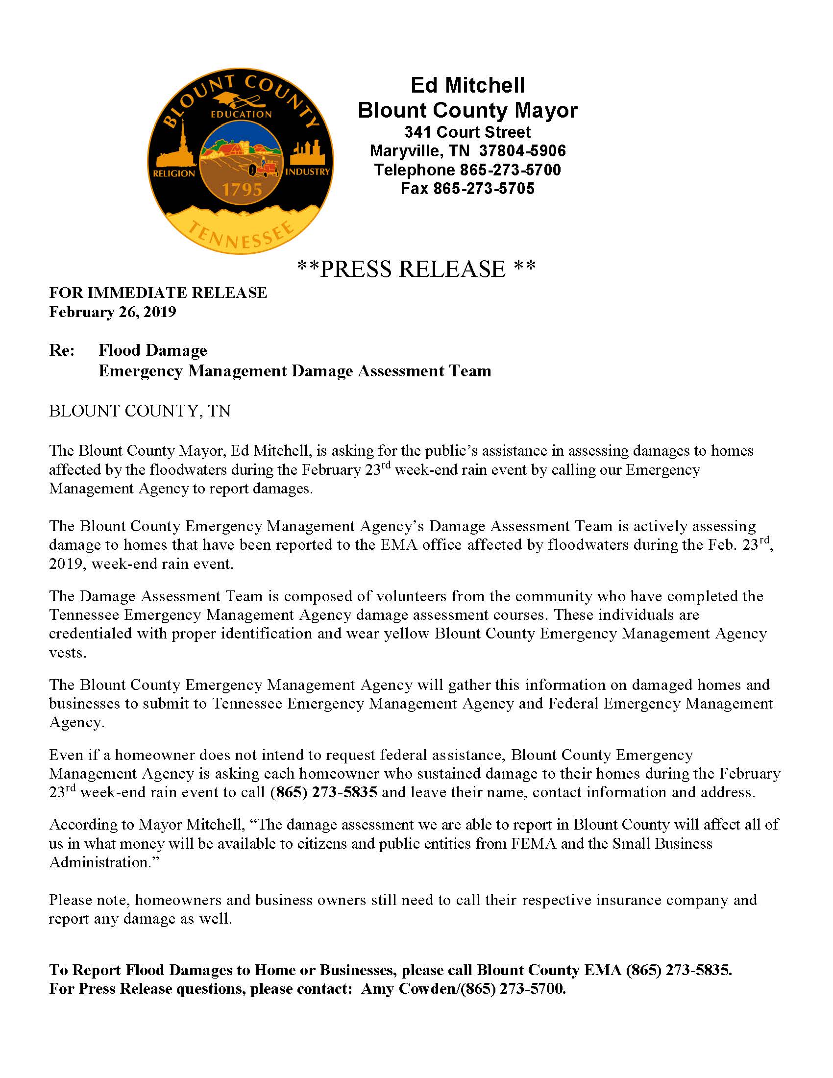Press Release - Damage Assessment Team 2.26.19