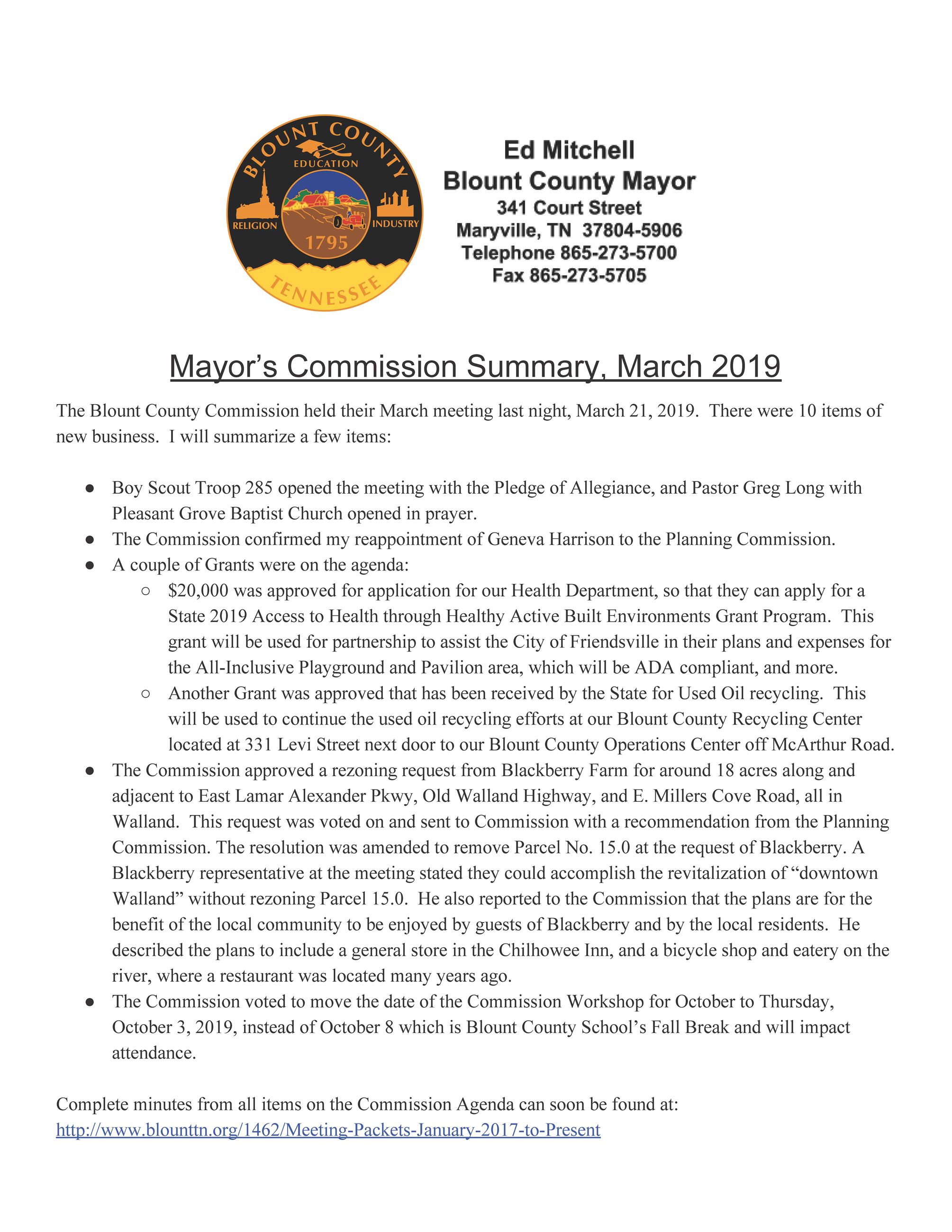 Mayor Commission Summary - March 2019