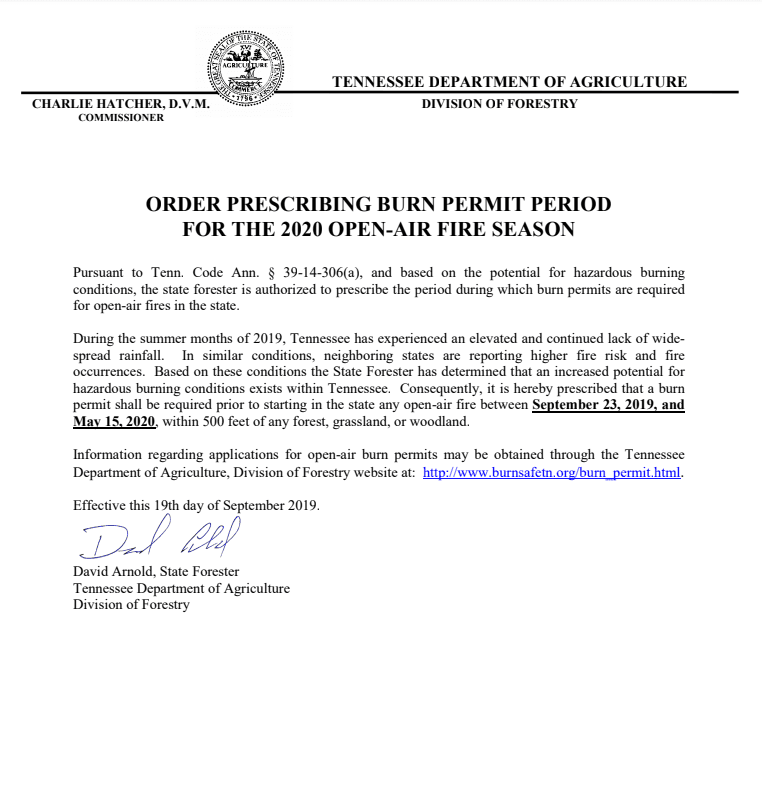 Order Prescribing Burn Permit Period 2019-20