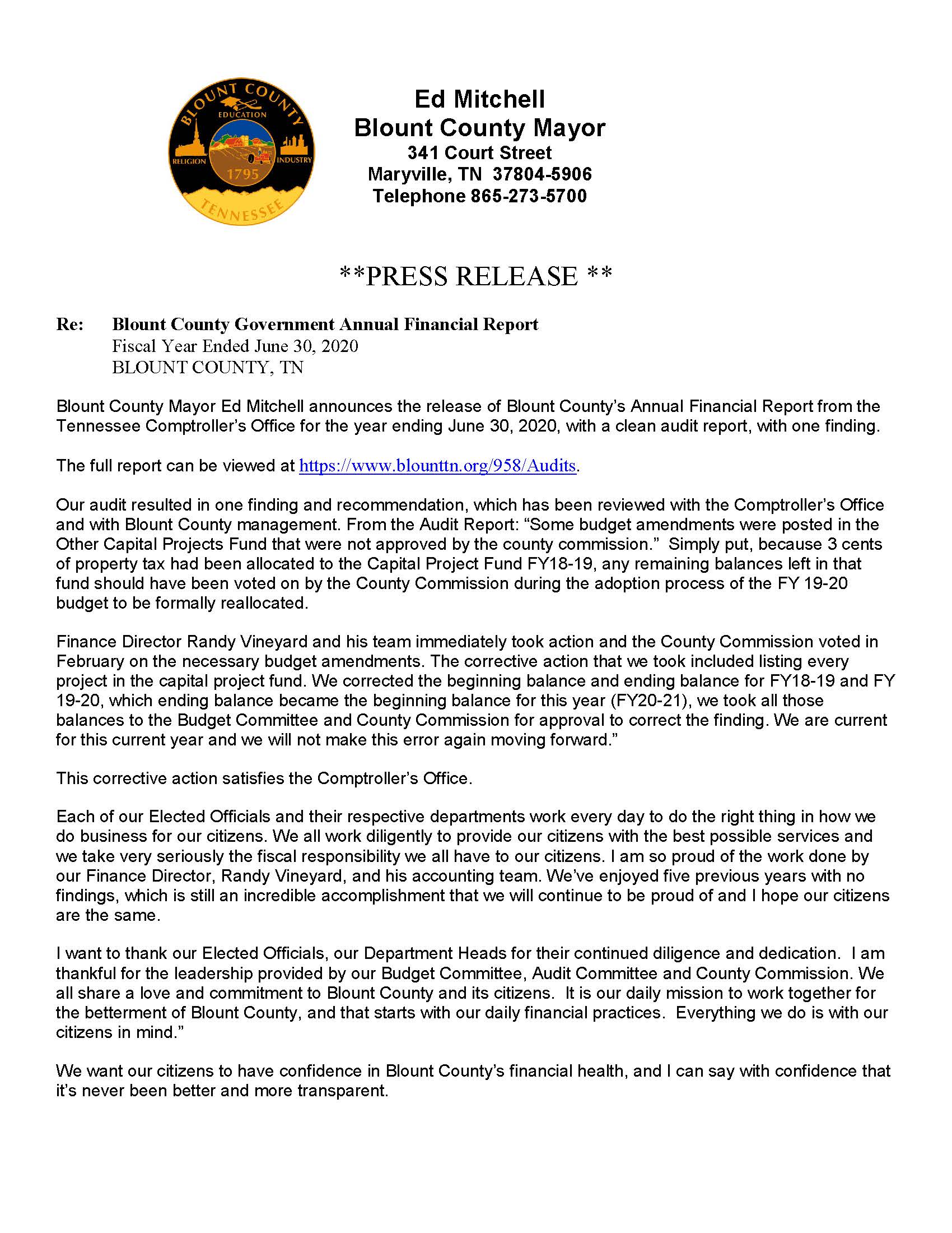 Press Release - Audit Report year-end FY20