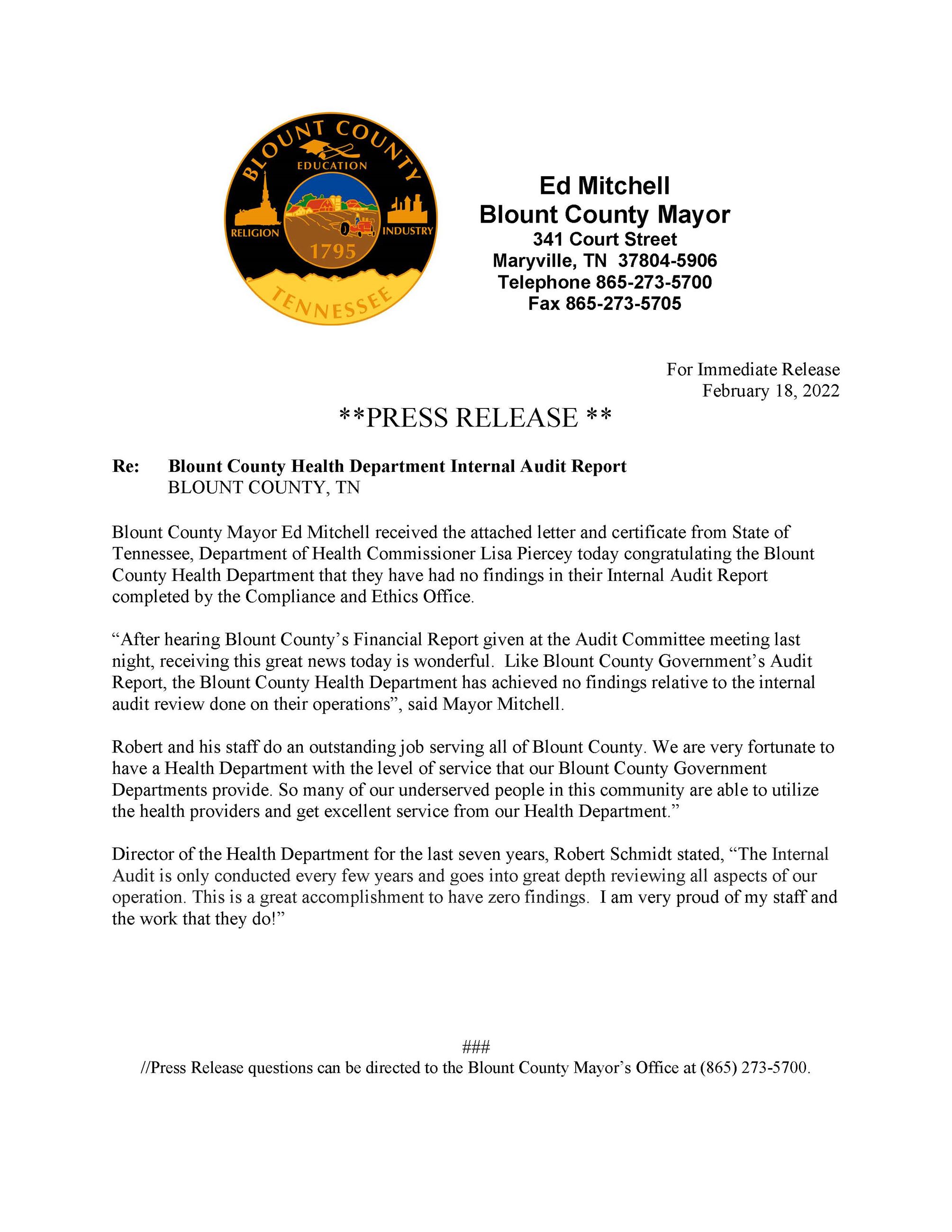 Press Release - Health Department Audit Report 2022