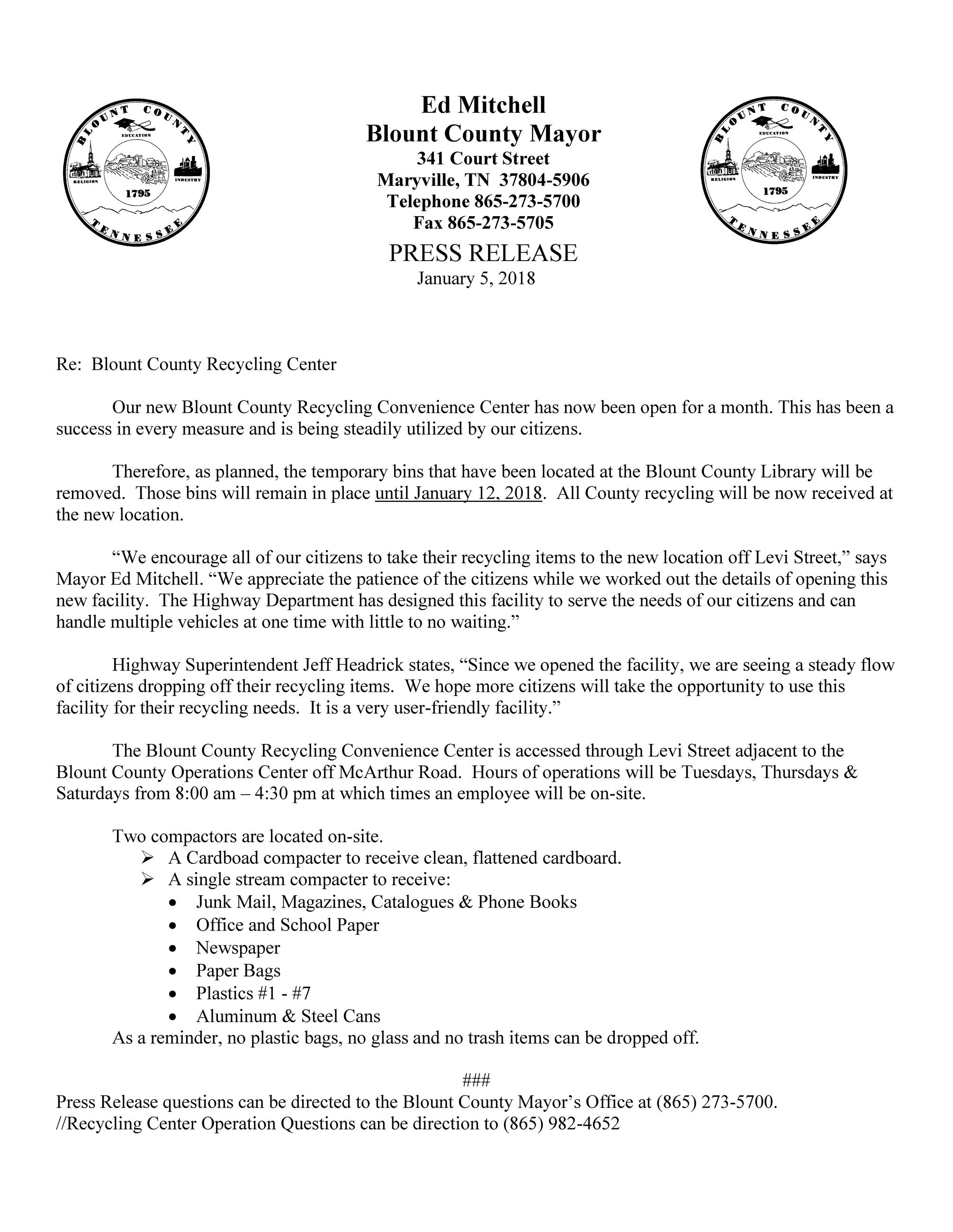 Press Release Recycling Center 1-5-18
