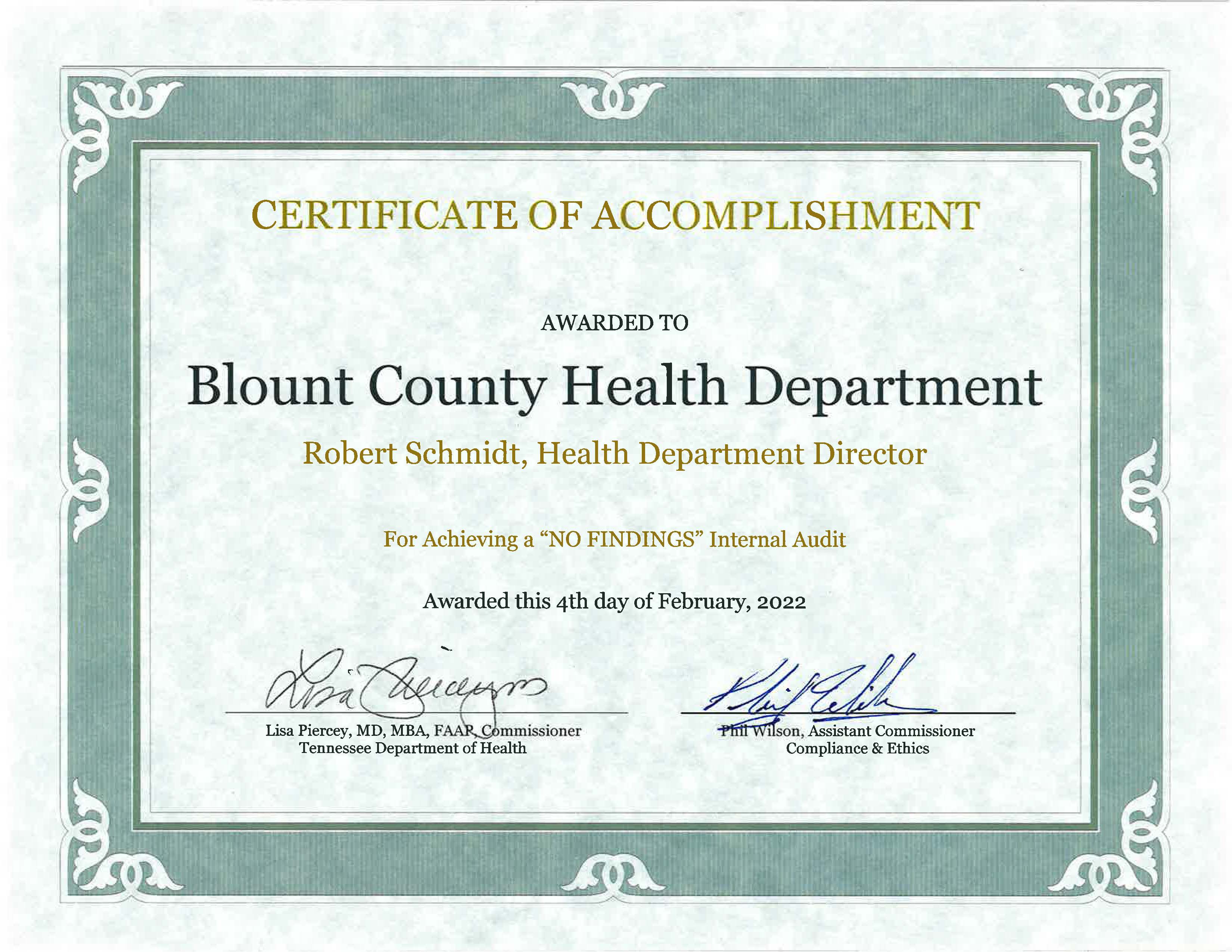 Blount County No findings Certificate